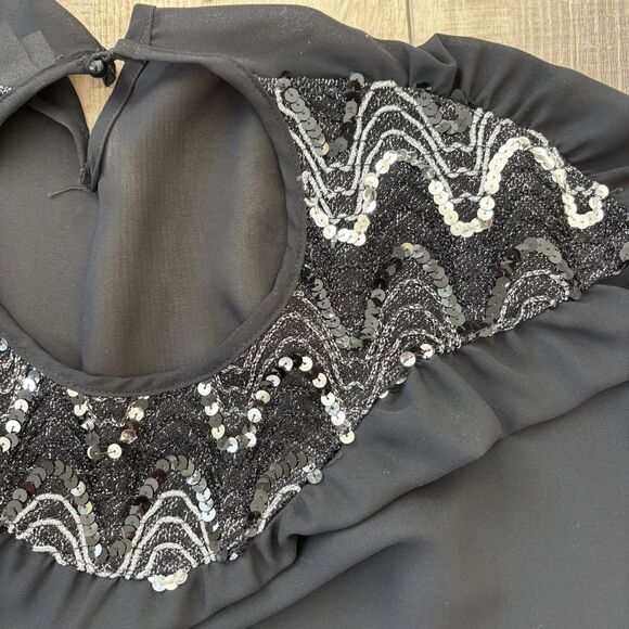 Vintage 80s Rhoda Lee Blouse Size 18 Black Sequins Sheer Union Label Flowy Glam - Picture 7 of 11